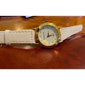 Women's 30mm Gold Tone Finesse Watch, White Band, Roman Numeral Dial